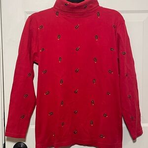 Red Turtleneck with Embroidered Christmas Trees